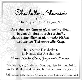 Traueranzeige von Charlotte Adamski von Märkischen Allgemeine Zeitung