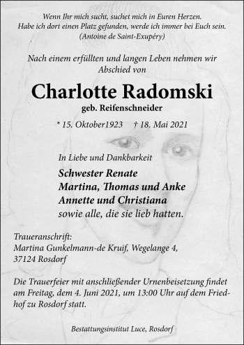 Traueranzeige von Charlotte Radomski von Göttinger Tageblatt