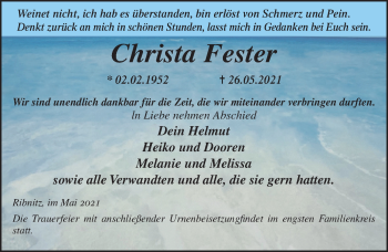 Traueranzeige von Christa Fester von Ostsee-Zeitung GmbH