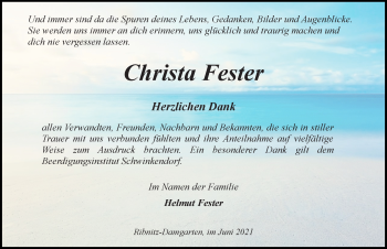 Traueranzeige von Christa Fester von Ostsee-Zeitung GmbH