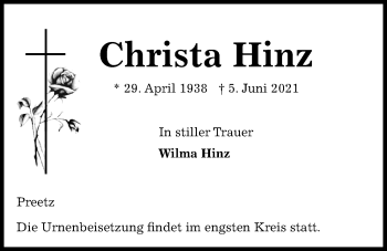 Traueranzeige von Christa Hinz von Kieler Nachrichten