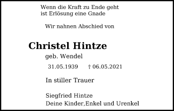 Traueranzeige von Christel Hintze von Ostsee-Zeitung GmbH