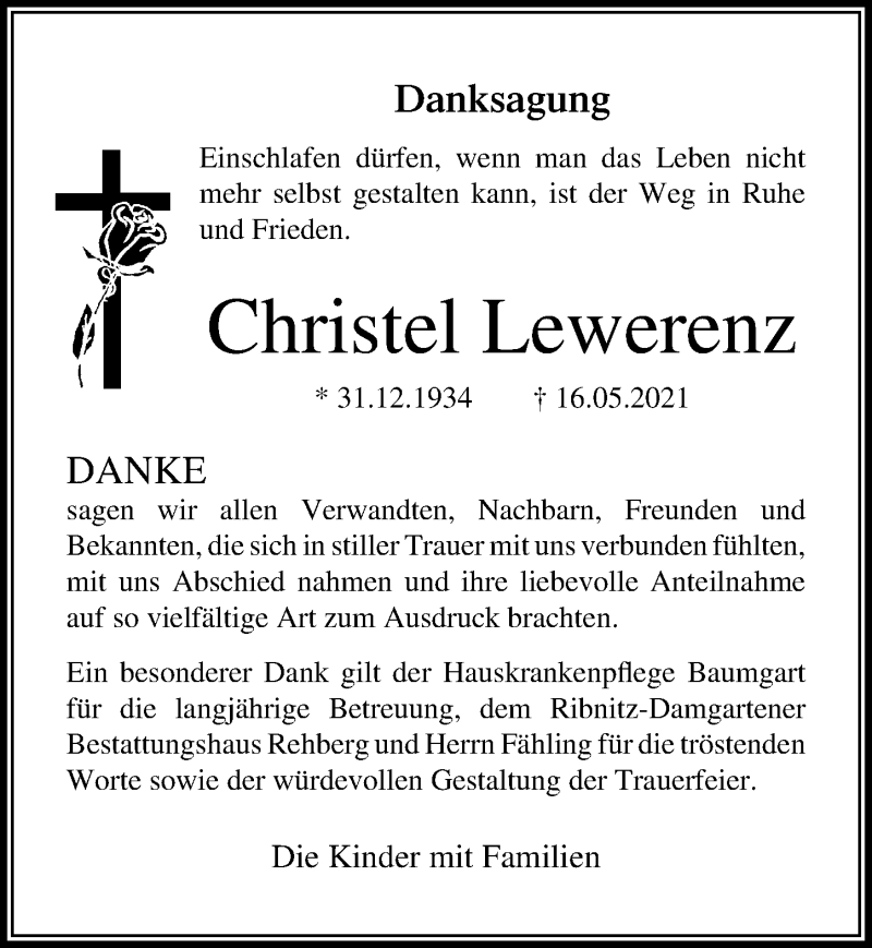  Traueranzeige für Christel Lewerenz vom 05.06.2021 aus Ostsee-Zeitung GmbH
