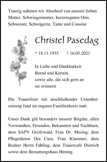 Traueranzeige von Christel Pasedag von Ostsee-Zeitung GmbH