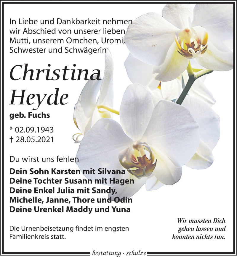  Traueranzeige für Christina Heyde vom 05.06.2021 aus Leipziger Volkszeitung