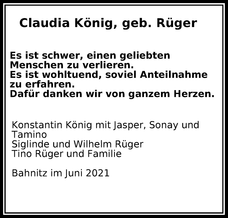  Traueranzeige für Claudia König vom 15.06.2021 aus Märkischen Allgemeine Zeitung
