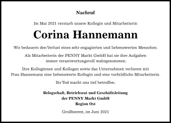 Traueranzeige von Corina Hannemann von Märkischen Allgemeine Zeitung