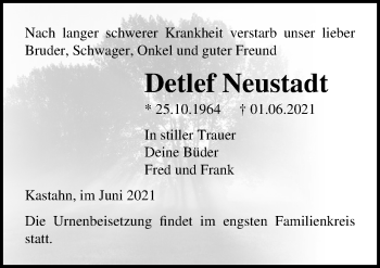 Traueranzeige von Detlef Neustadt von Ostsee-Zeitung GmbH
