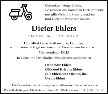 Traueranzeige von Dieter Ehlers von Hannoversche Allgemeine Zeitung/Neue Presse