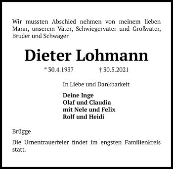 Traueranzeige von Dieter Lohmann von Kieler Nachrichten