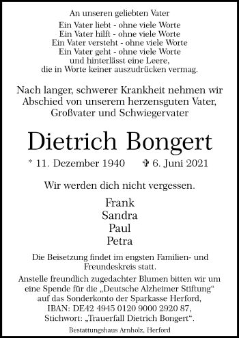 Traueranzeige von Dietrich Bongert von Ostsee-Zeitung GmbH