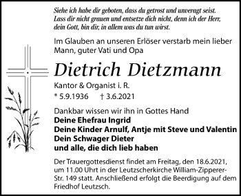 Traueranzeige von Dietrich Dietzmann von Leipziger Volkszeitung