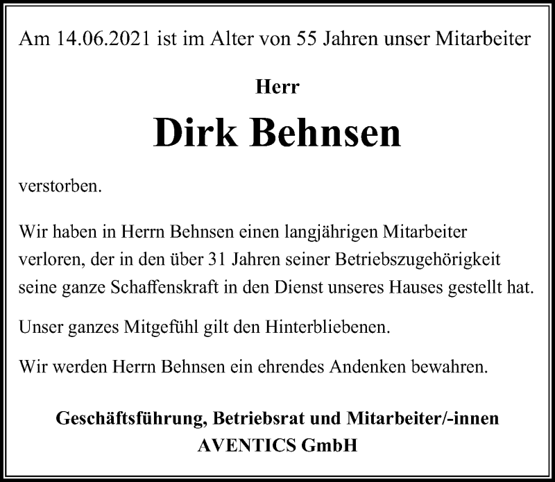  Traueranzeige für Dirk Behnsen vom 17.06.2021 aus Hannoversche Allgemeine Zeitung/Neue Presse