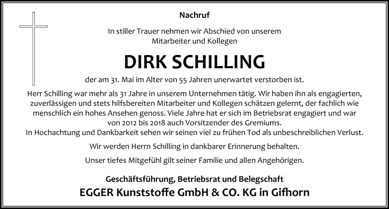  Traueranzeige für Dirk Schilling vom 05.06.2021 aus Aller Zeitung