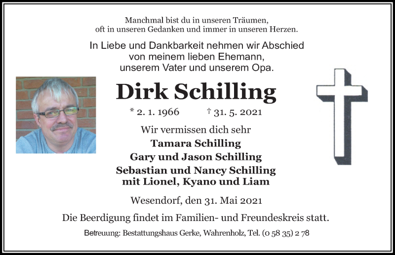  Traueranzeige für Dirk Schilling vom 03.06.2021 aus Aller Zeitung