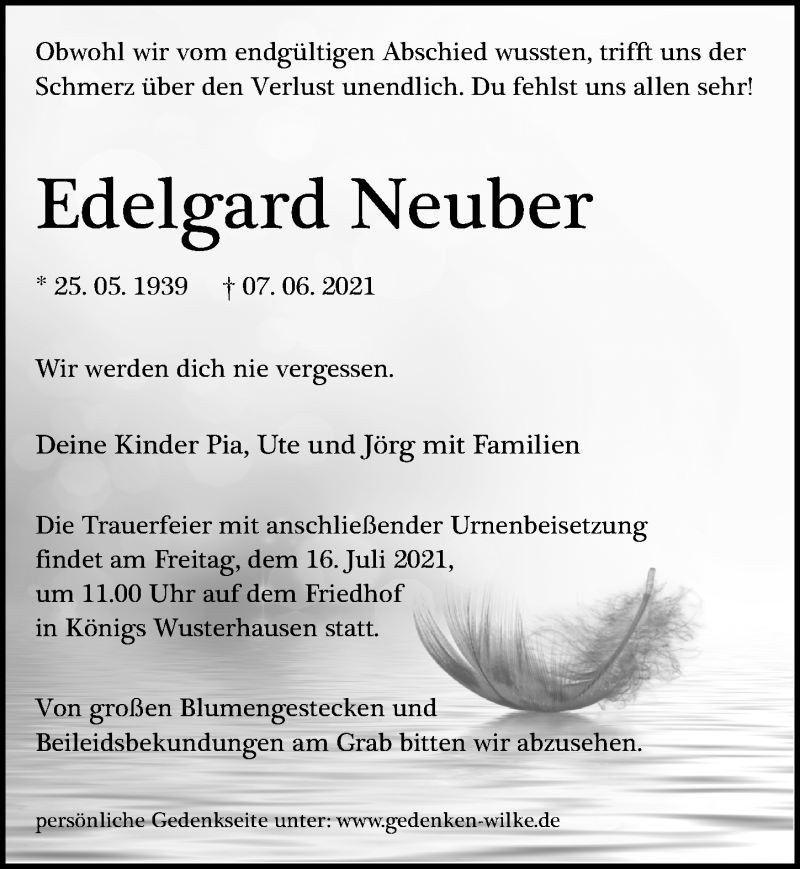  Traueranzeige für Edelgard Neuber vom 12.06.2021 aus Märkischen Allgemeine Zeitung