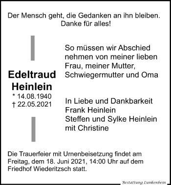 Traueranzeige von Edeltraud Heinlein von Leipziger Volkszeitung