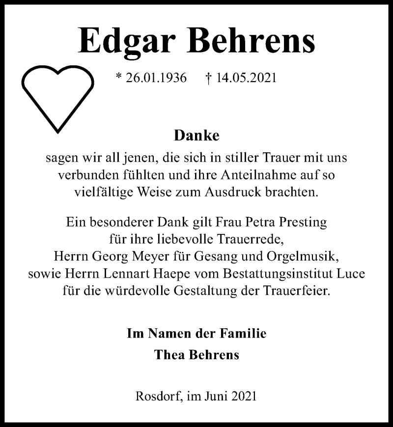 Traueranzeige für Edgar Behrens vom 12.06.2021 aus Göttinger Tageblatt
