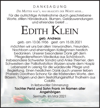Traueranzeige von Edith Klein von Leipziger Volkszeitung