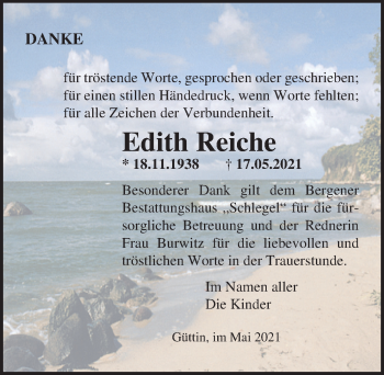 Traueranzeige von Edith Reiche von Ostsee-Zeitung GmbH