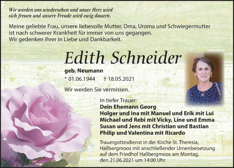  Traueranzeige für Edith Schneider vom 16.06.2021 aus Leipziger Volkszeitung