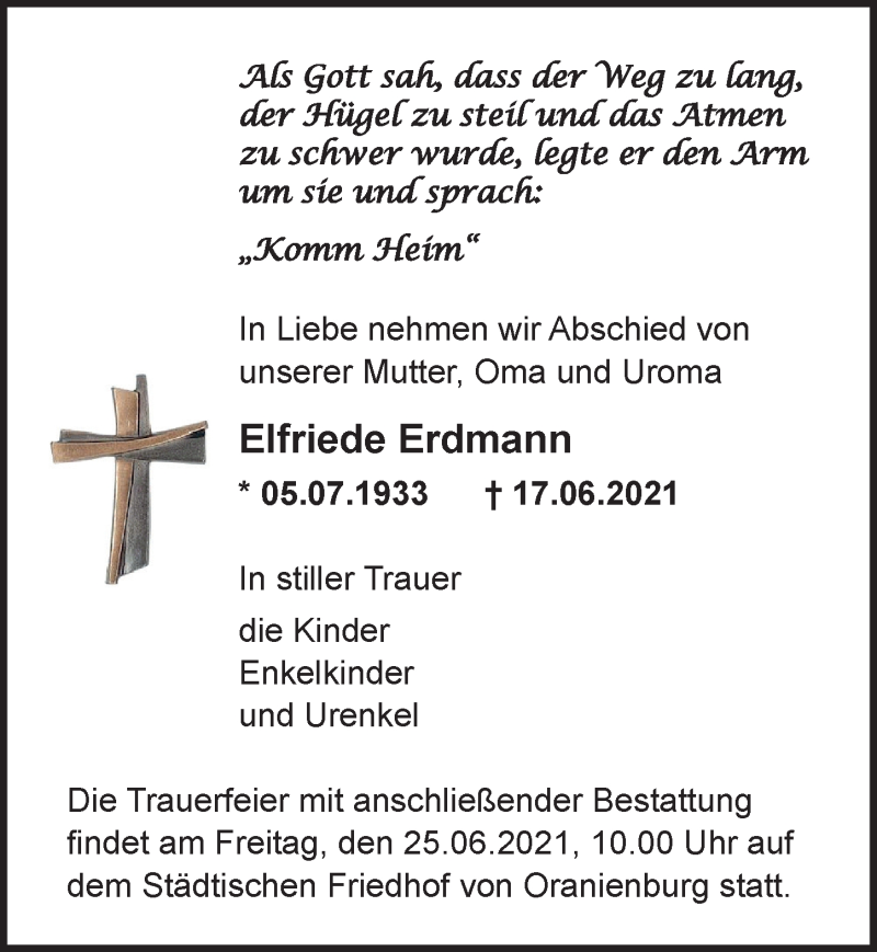  Traueranzeige für Elfriede Erdmann vom 23.06.2021 aus Märkischen Allgemeine Zeitung
