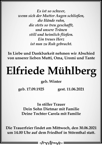 Traueranzeige von Elfriede Mühlberg von Leipziger Volkszeitung