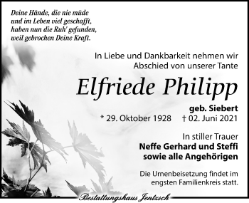 Traueranzeige von Elfriede Philipp von Leipziger Volkszeitung