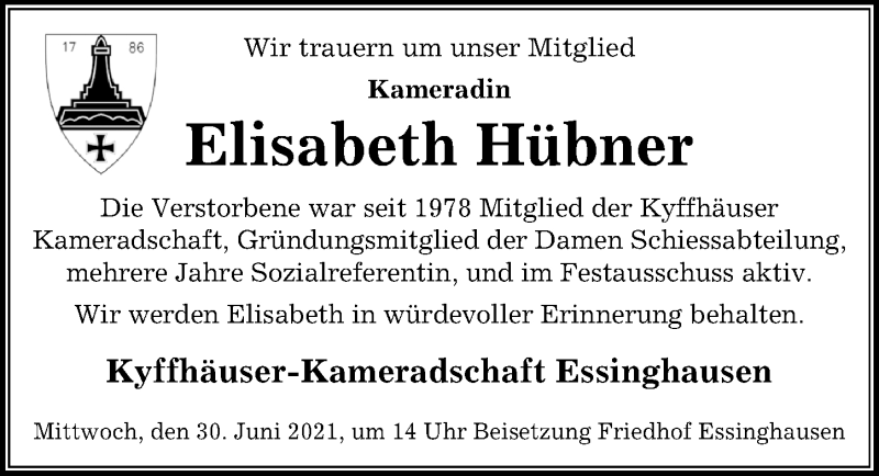  Traueranzeige für Elisabeth Hübner vom 29.06.2021 aus Peiner Allgemeine Zeitung