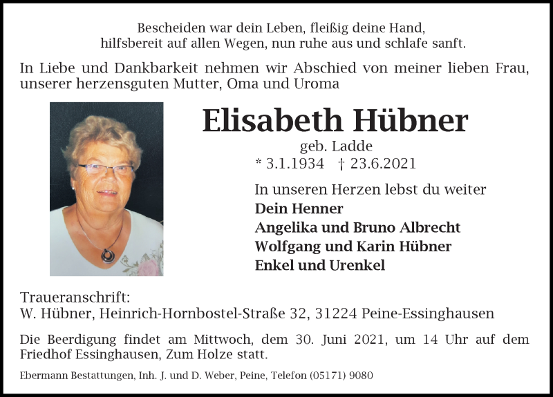 Traueranzeige für Elisabeth Hübner vom 26.06.2021 aus Peiner Allgemeine Zeitung