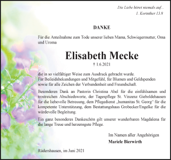 Traueranzeige von Elisabeth Mecke von Eichsfelder Tageblatt