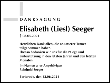 Traueranzeige von Elisabeth Seeger von Göttinger Tageblatt