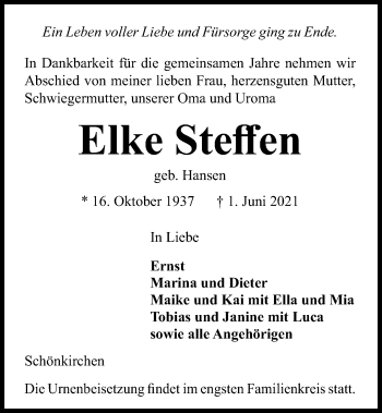 Traueranzeige von Elke Steffen von Kieler Nachrichten