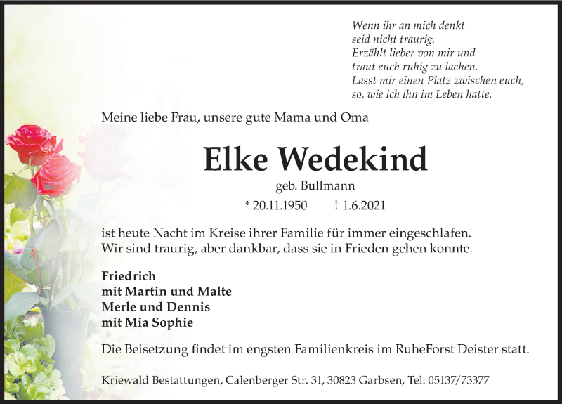  Traueranzeige für Elke Wedekind vom 05.06.2021 aus Hannoversche Allgemeine Zeitung/Neue Presse