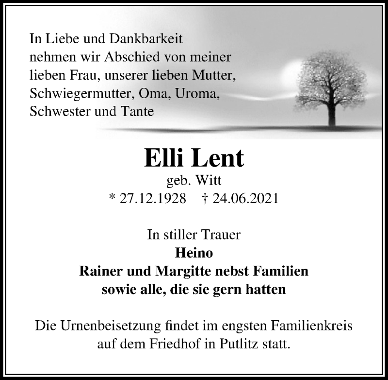  Traueranzeige für Elli Lent vom 26.06.2021 aus Märkischen Allgemeine Zeitung