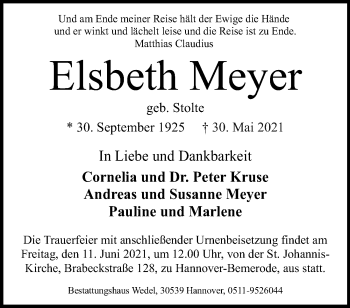 Traueranzeige von Elsbeth Meyer von Hannoversche Allgemeine Zeitung/Neue Presse