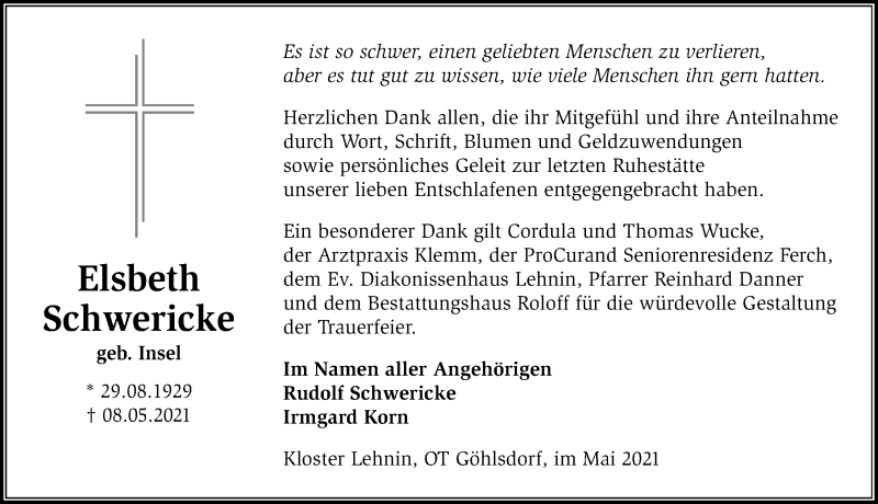  Traueranzeige für Elsbeth Schwericke vom 05.06.2021 aus Märkischen Allgemeine Zeitung