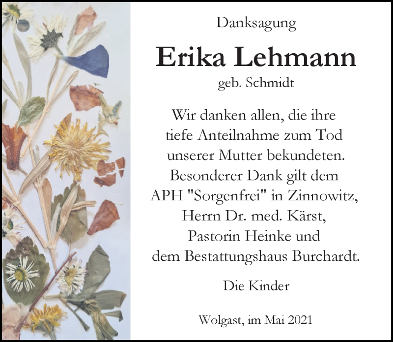  Traueranzeige für Erika Lehmann vom 05.06.2021 aus Ostsee-Zeitung GmbH
