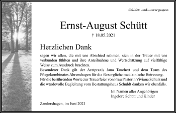 Traueranzeige von Ernst-August Schütt von Ostsee-Zeitung GmbH