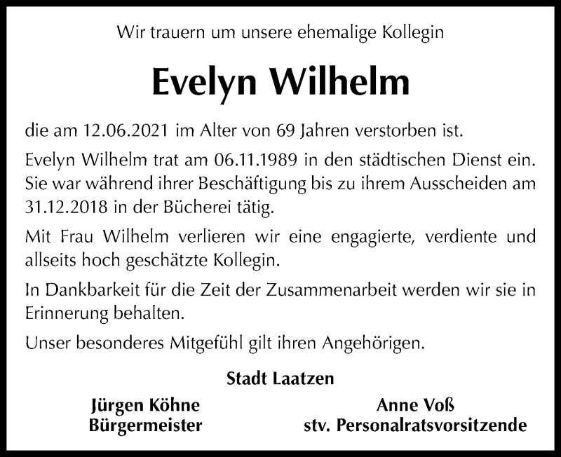  Traueranzeige für Evelyn Wilhelm vom 19.06.2021 aus Hannoversche Allgemeine Zeitung/Neue Presse
