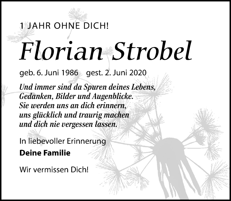  Traueranzeige für Florian Strobel vom 05.06.2021 aus Leipziger Volkszeitung