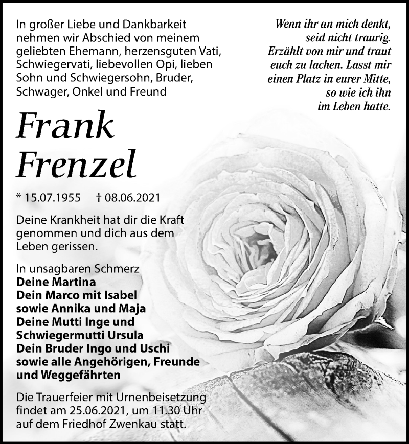  Traueranzeige für Frank Frenzel vom 18.06.2021 aus Leipziger Volkszeitung