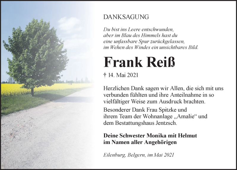  Traueranzeige für Frank Reiß vom 26.06.2021 aus Torgauer Zeitung
