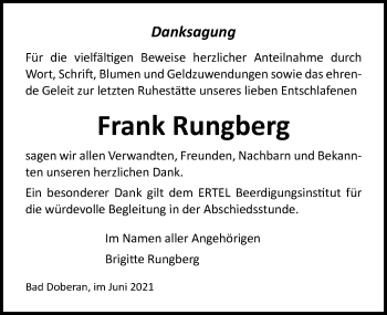 Traueranzeige von Frank Rungberg von Ostsee-Zeitung GmbH