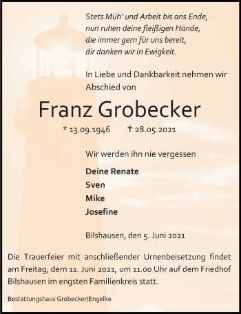 Traueranzeige von Franz Grobecker von Eichsfelder Tageblatt