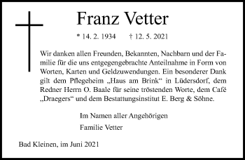 Traueranzeige von Franz Vetter von Ostsee-Zeitung GmbH