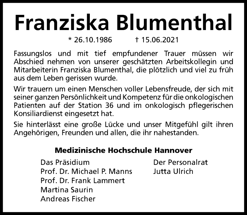  Traueranzeige für Franziska Blumenthal vom 19.06.2021 aus Hannoversche Allgemeine Zeitung/Neue Presse