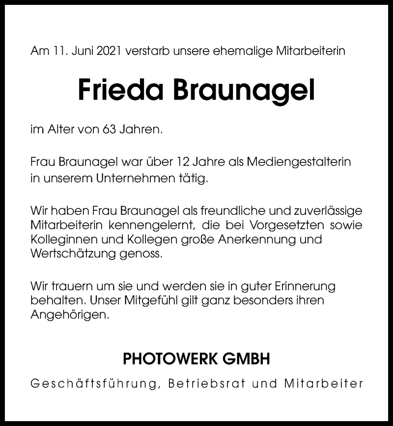  Traueranzeige für Frieda Braunagel vom 19.06.2021 aus Aller Zeitung