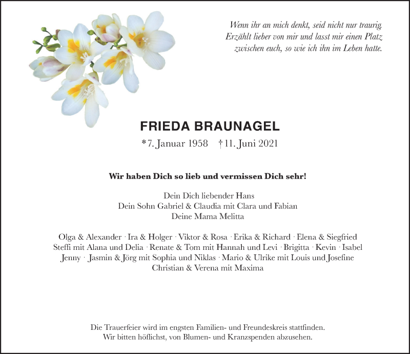  Traueranzeige für Frieda Braunagel vom 16.06.2021 aus Aller Zeitung