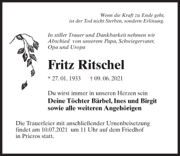 Traueranzeige von Fritz Ritschel von Märkischen Allgemeine Zeitung